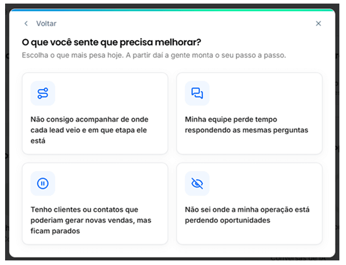 Tela do onboarding: O que você sente que precisa melhorar? Com quatro situações para escolher