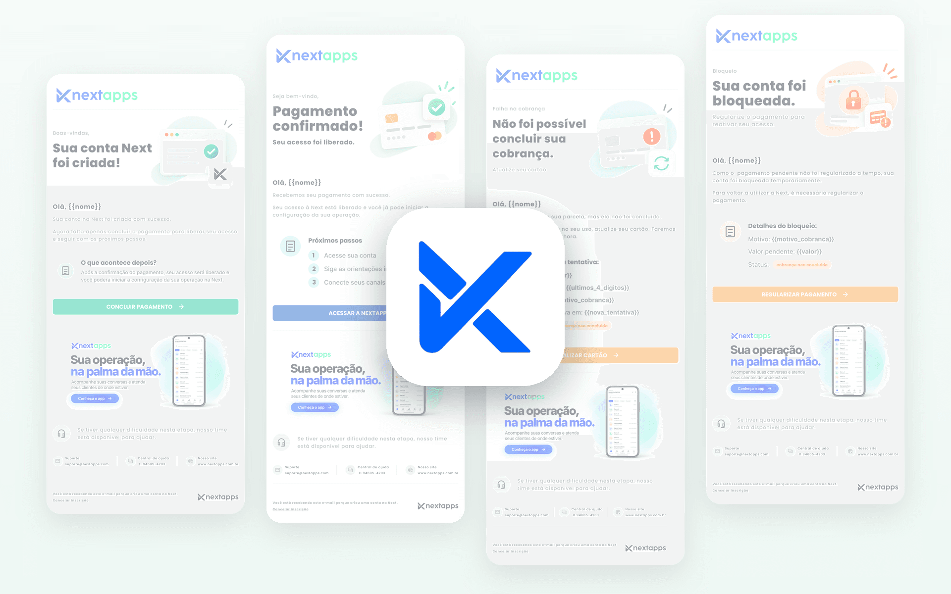 Quatro e-mails da régua de comunicação da NextApps com o símbolo da marca ao centro