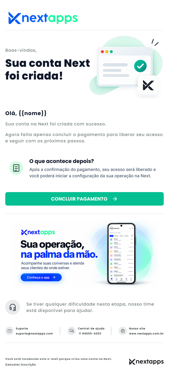 E-mail de cadastro: Sua conta Next foi criada