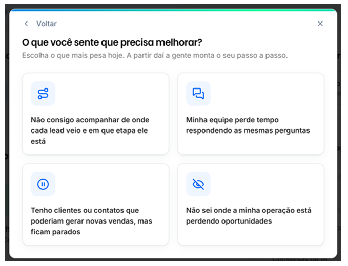 Tela do onboarding: O que você sente que precisa melhorar? Com quatro situações para escolher