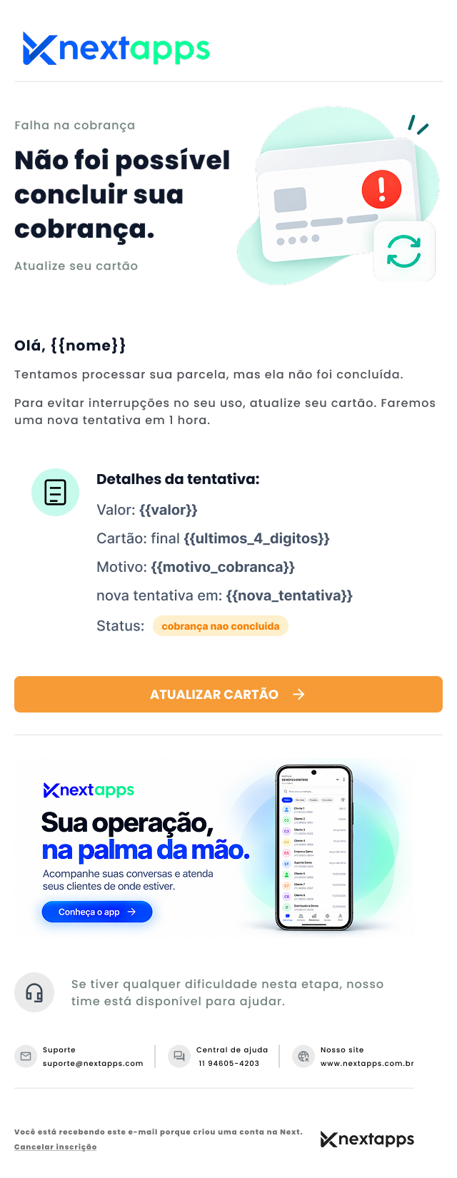 E-mail de falha na cobrança: não foi possível concluir sua cobrança